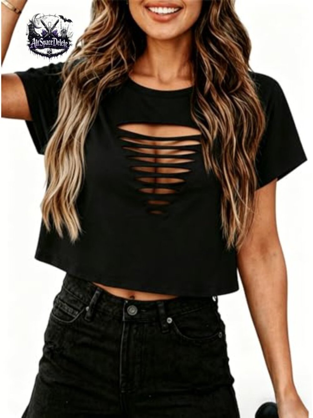 Distressed Crop Top Cut Out Punk Rock Ripped Cropped T Shirt